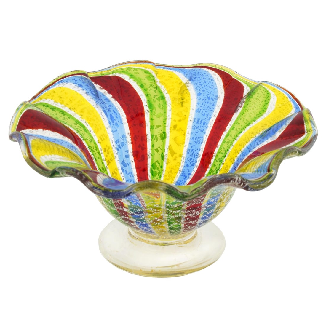 Vintage Murano Glass Filigrana Small Vase Bowl Candy Dish - Rainbow with Gold Leaf: This charming small Vintage Murano Glass candy dish bowl is a mid-century art glass piece handmade by talented artisans on the island of Murano in Venice, Italy. It showcases one of the most complex a