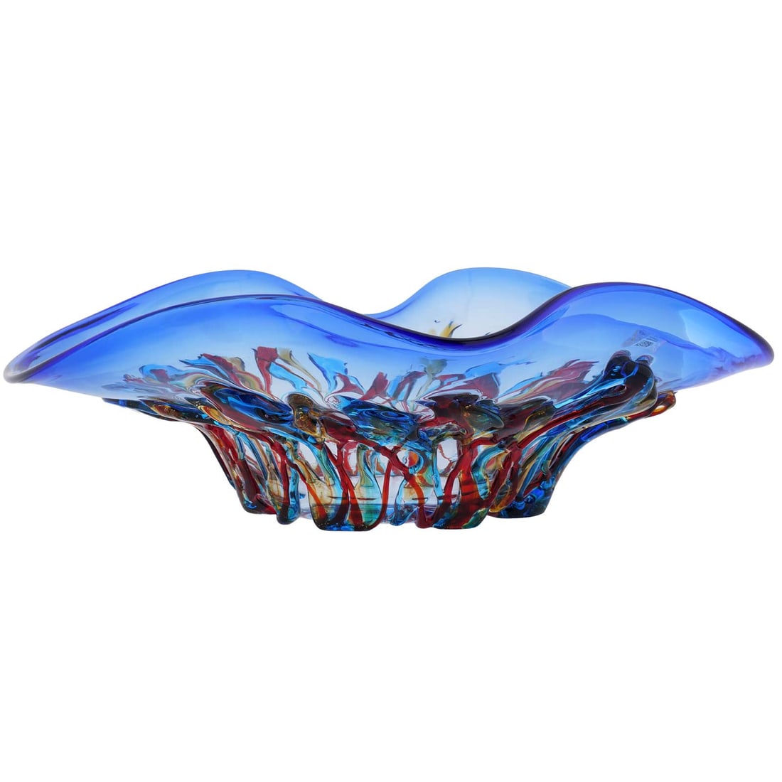 Murano Glass Oceanos Centerpiece Bowl - Blue and Red: In the best tradition of authentic Murano Glass, this vase combines artistry and craftsmanship in ways that only Murano artists have mastered. Using just a few simple tools and basic furnaces, Murano 