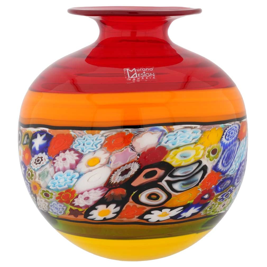 Murano Glass Primavera Millefiori Vase Bud - Red: Get ready to be blown away by the beauty and richness of this Murano Glass Vase. Showcasing all the features that brought Murano Glass masters their enduring fame, this vase is like the quintessence o