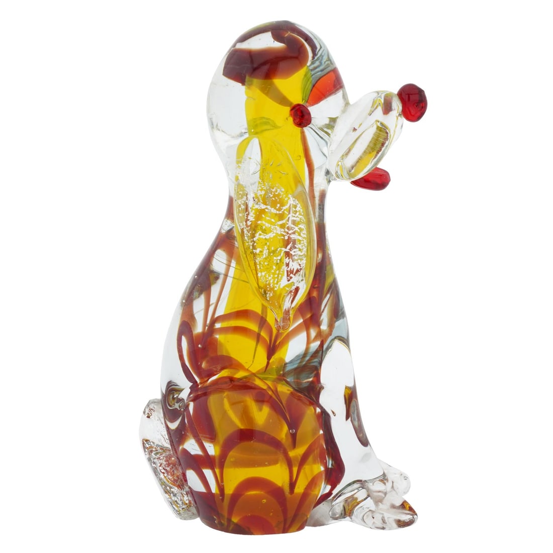 Vintage Murano Glass Dog by Nason Murano - Sommerso Red and Yellow: This Vintage Murano Glass Dog in well-known Murano Sommerso technique is a rare and exquisite piece of glass art created in the middle of the 20th century in Murano. This beautifully detailed dog scul