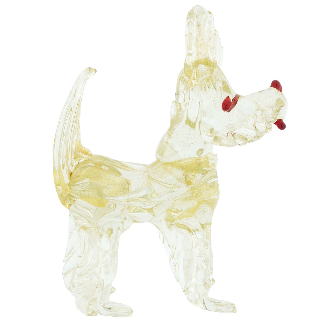 Vintage Murano Glass Dog Sculpture - Clear Gold: This Vintage Murano Glass Dog in well-known Murano technique is a rare and exquisite piece of glass art created in the middle of the 20th century in Murano. This beautifully detailed dog sculpture is 