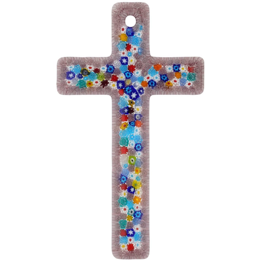 Murano Art Glass Millefiori Wall Crucifix - Purple: This Murano Glass Crucifix represents the combination of the ancient artistic tradition of Murano Glass and the prominence that Venetians have always given to the religious and spiritual aspects of th