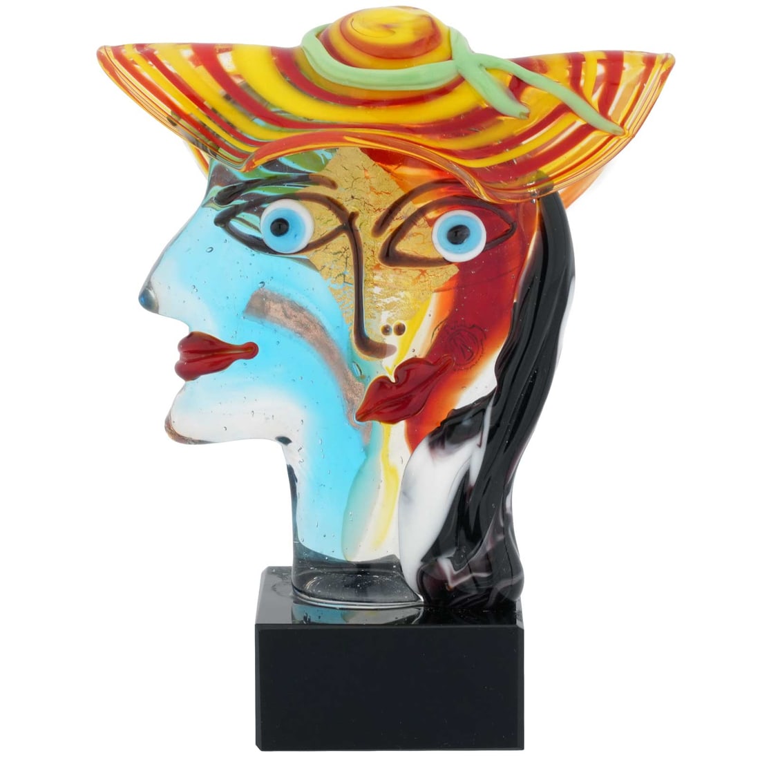 Murano Glass Picasso Head Of A Woman with Hat - Small: Murano Glass art shines brightest when it explores themes in modern art, such as this small but stunning Picasso Head figurine. In a tribute to Pablo Picasso, talented Murano Glass artists created thi