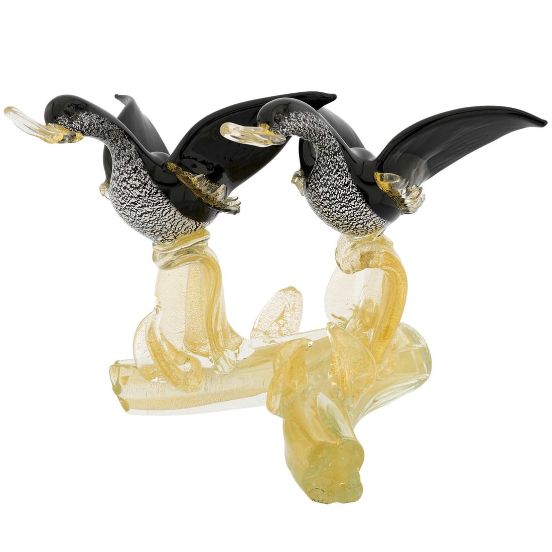 Vintage Murano Glass Two Geese On A Branch: Meticulously handcrafted in a Murano Glass furnace the 1970s, this Murano Glass Geese Birds sculpture creates a stunning accent in any interior design and adds an authentic Venetian touch to your hous