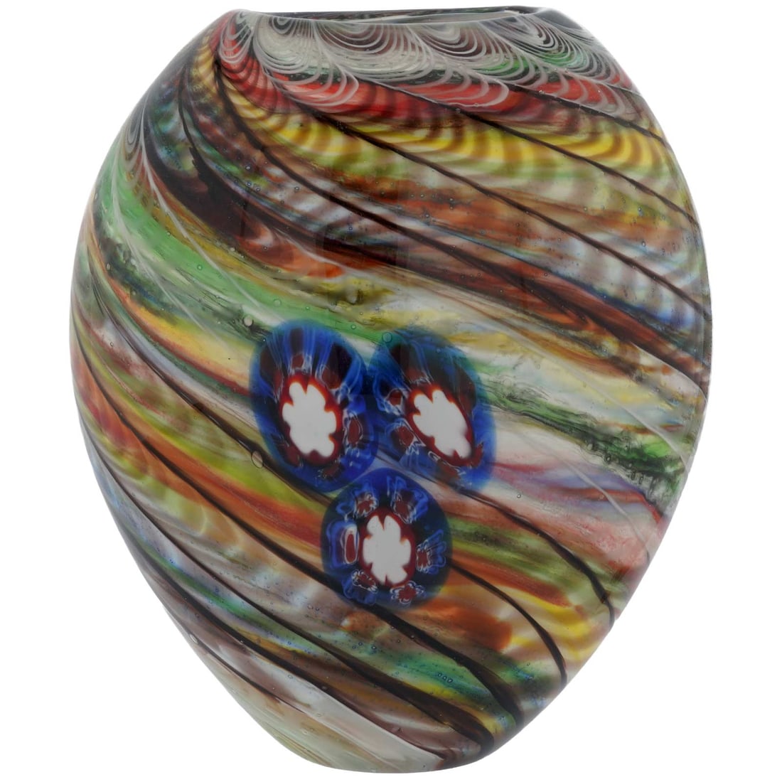 Vintage Murano Glass Vase with Multicolor Swirls and Millefiori: This Vintage Murano Glass Vase is a rare and exquisite piece of glass art created by famous Murano Glass artisans in Venice, Italy. This striking vase with a vibrant pattern of swirls, festoons, and M