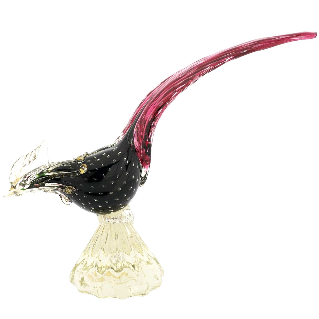 Vintage Murano Glass Bullicante Pheasant Black and Red: This lovely Murano Glass Pheasant in black and red sprinkled with 24 karat gold and standing on a gold-leaf-lined base is a classic Venetian design and a testament to Murano Glass masters' talent and 