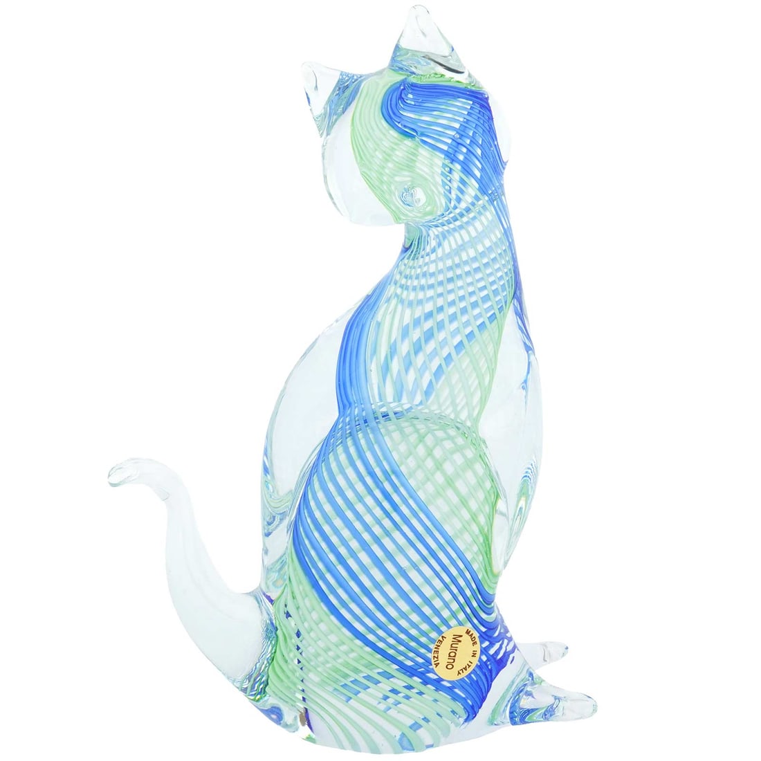 Vintage Murano Glass Filigrana Cat - Blue and Green: This lovely vintage Murano Glass Cat sculpture is a fine example of mid-century Murano art glass. The Italian cat figure features an exceptional translucency, a posture conveying calm elegance, and a 