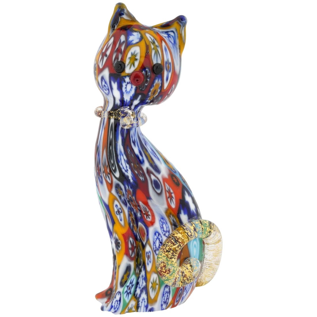 Murano Glass Millefiori Cat Sculpture - Multicolor Gold: This charming Murano Glass Cat is created in one of the most popular and distinctive Murano techniques- Millefiori (a thousand flowers), which has become synonymous with Murano glass-making. Colorful 
