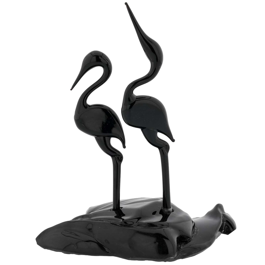 Murano Glass Pair of Heron Birds Black - 7 Inch: This gorgeous Murano Glass sculpture channels Venetian seaside romance and exquisite beauty, with two detailed heron birds standing close to each other on a black glass base, symbolizing water. Striki