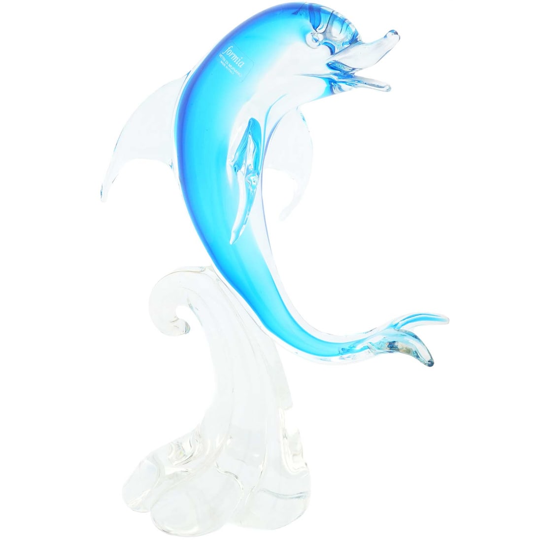 Vintage Murano Glass Dolphin On Base Mid-Century Sommerso Blue Sculpture By Formia: This vintage Murano Glass Dolphin sculpture is a mid-century Venetian art glass masterpiece crafted in famous Formia studio. Now closed, Formia had been a major art glass company on Murano Island sinc