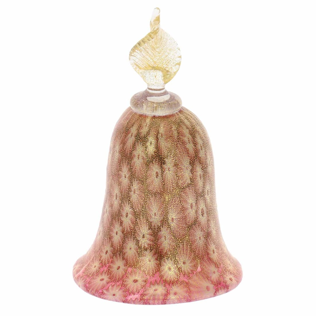 Murano Glass Golden Quilt Tender Rose Millefiori Bell: This charming Bell showcases one of the most popular and distinctive Murano techniques- Millefiori ("a thousand flowers" in Italian). Creamy stylized flowers on tender rose background richly sprinkled