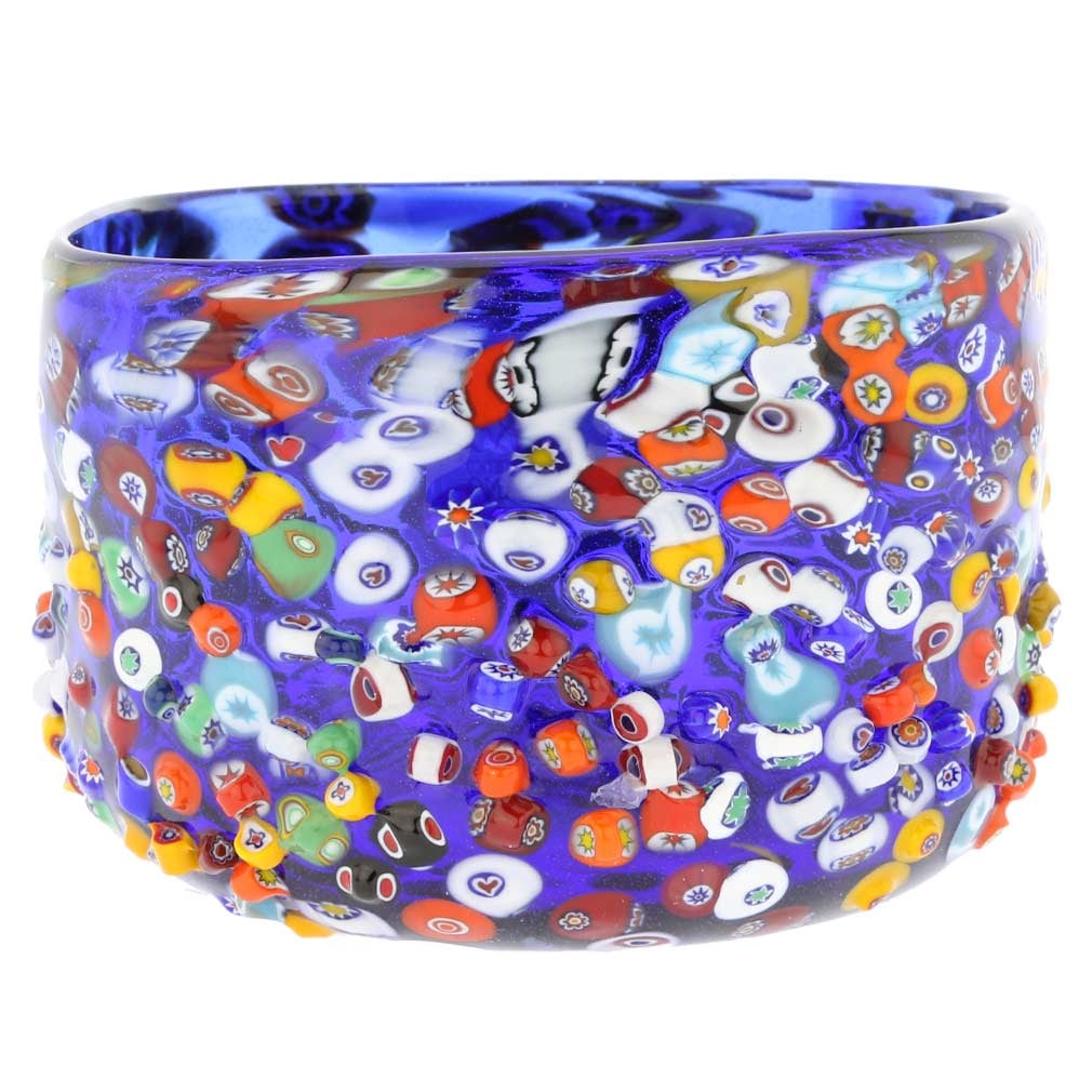Murano Glass Millefiori Mosaic Bowl - Blue: This magnificent Murano Glass bowl is a fine example of centuries-old Millefiori technique featuring raised pieces of colorful glass mosaics fused into rich cobalt-blue background. This square-shaped 