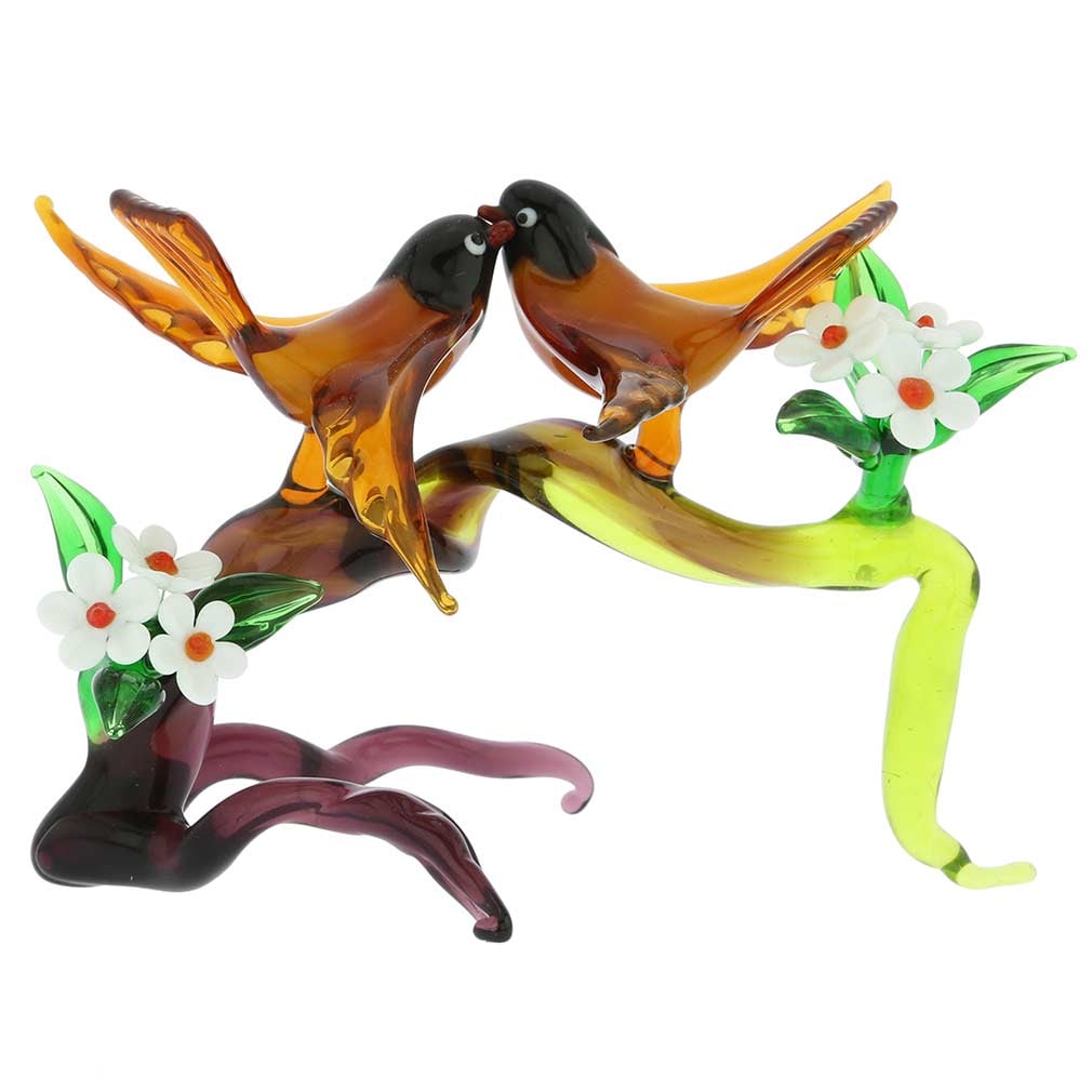 Murano Glass Birds on a Cherry Branch - Golden Brown: You cannot help but imagine yourself in one of Venice's enchanted gardens lulled by the bird song and dazzled by the harmony of man-made beauty and nature when you set your eyes on this meticulously c