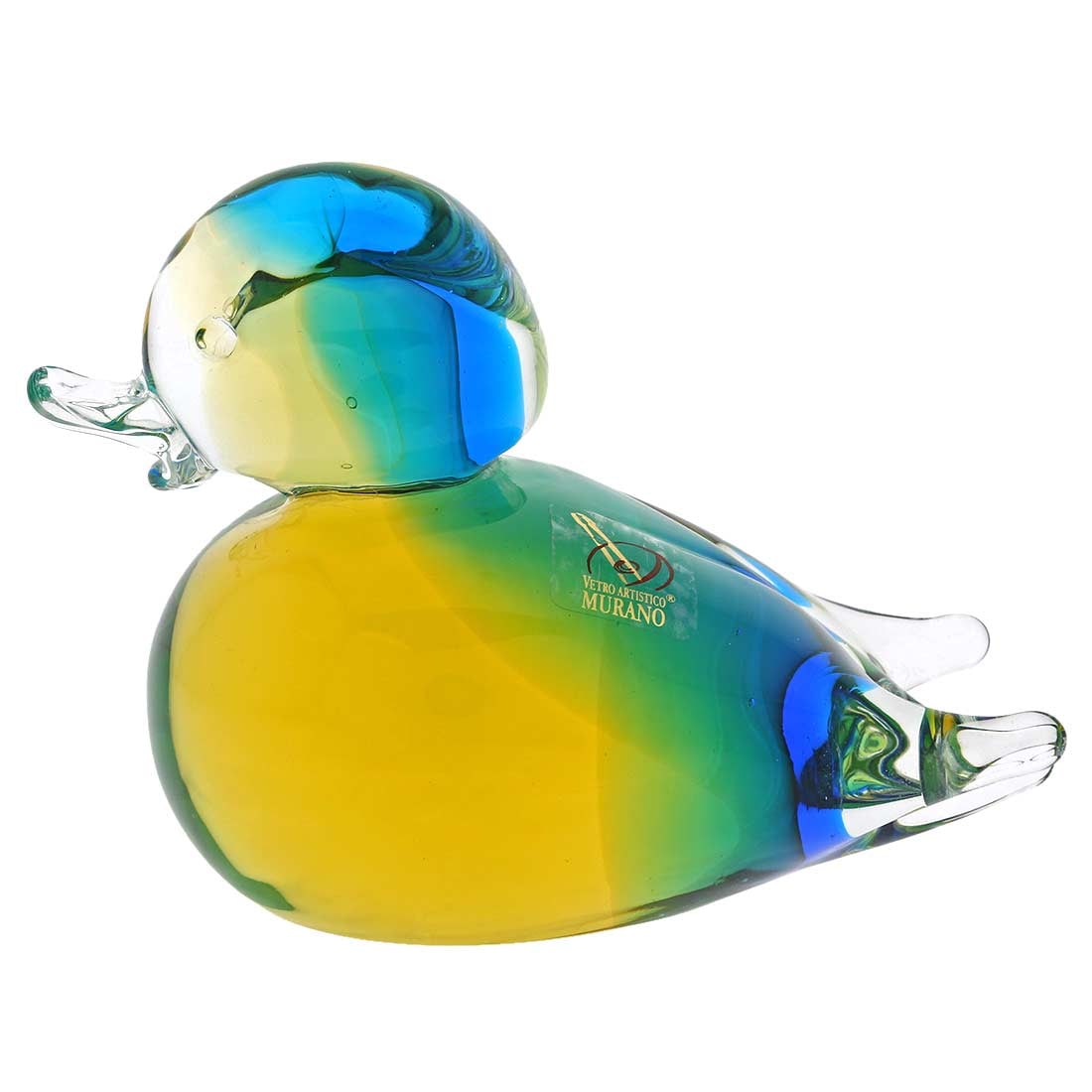 Murano Glass Duck - Amber Aqua: You can almost see the cute clumsy movement of this Murano Glass Duckling as it gets out of the water and parades on the shore. Featuring nature-inspired colors in beautiful shades of amber and aqua, 