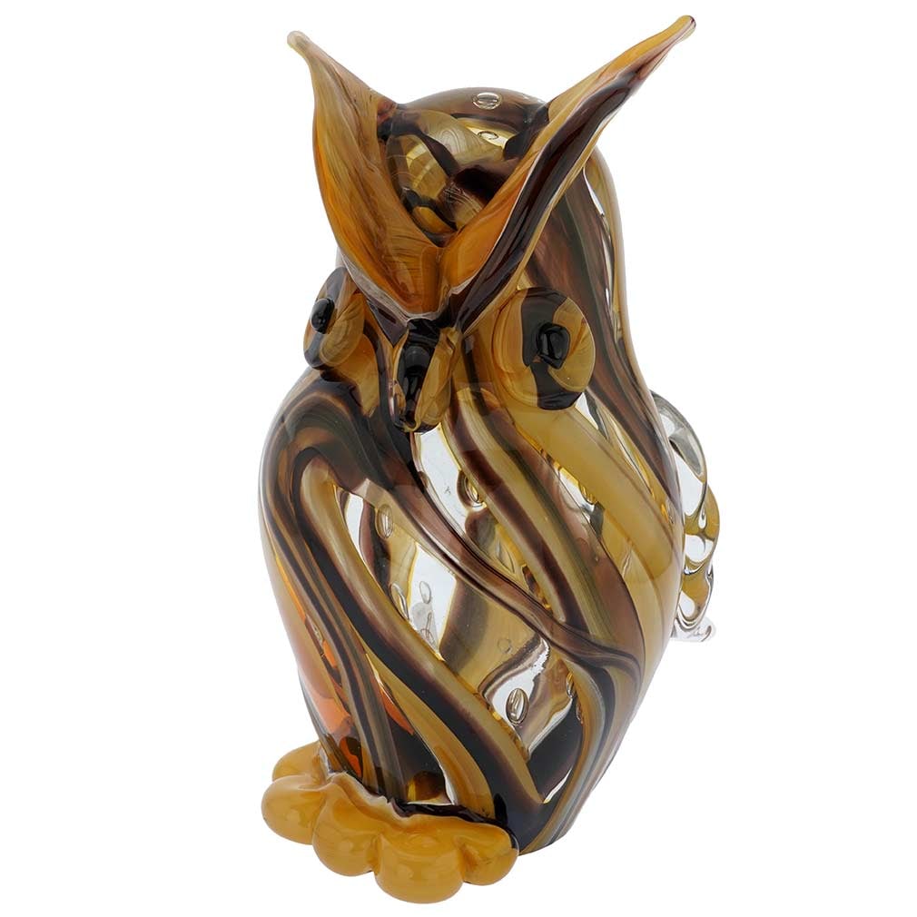 Murano Glass Owl Sculpture - Golden Brown Waves: This gorgeous Murano Glass Owl is the very expression of the artistic genius of the island's glass masters, a creature that is as mysterious, beautiful, and colorful as Venice itself. Featuring amazin