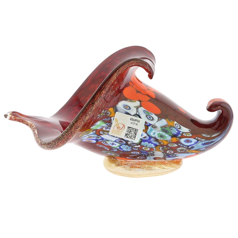Murano Glass Millefiori Horn Of Plenty Sculpture - Red: This gorgeous blown Murano Glass Horn Of Plenty sculpture is a fine example of the most famous and distinctive ancient Murano technique- Millefiori (a thousand flowers). Vivid pieces of mosaic glass o