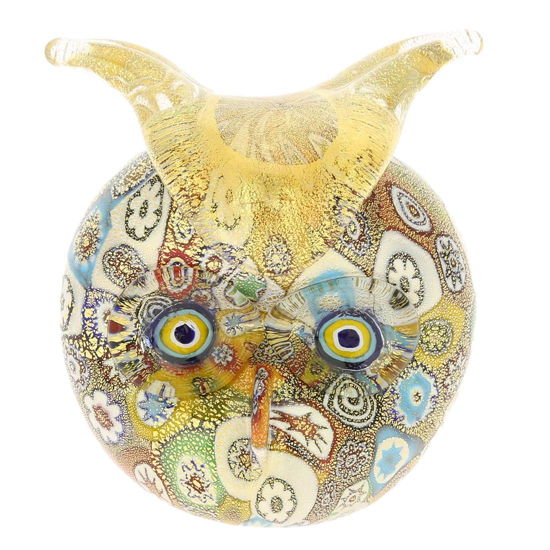 Murano Glass Golden Quilt Millefiori Owl: A symbol of intelligence and wisdom, our gorgeous Murano Glass Owl was blown by the Island's famous glass masters using a complex ancient Murano technique- Millefiori (a thousand flowers). A multi-ste