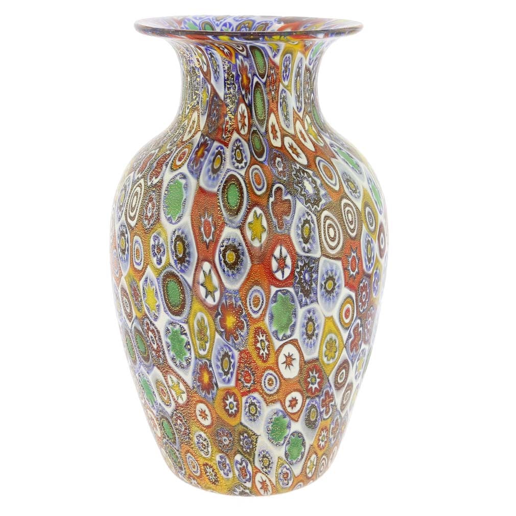 Murano Glass Golden Quilt Millefiori Urn Vase: Accessorize your house in the opulent Venetian style and prepare to receive many compliments with our uniquely beautiful Murano Glass Millefiori Urn Vase. This Murano Vase is crafted entirely by hand 