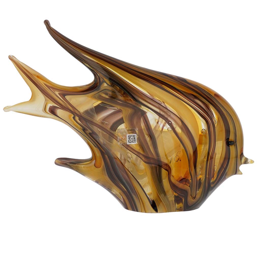 Murano Glass Angel Fish Sculpture - Golden Brown Waves: This gorgeous Murano Glass Fish is an expression of the artistic genius of the island's glass masters, a creature that is as mysterious, beautiful, and colorful as Venice itself. Featuring amazing wav