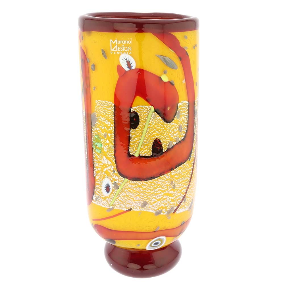Murano Glass Modern Art Vase - Yellow: The bold design and rich colors of this Murano Glass Vase accented by the shimmering silver leaf infused in the glass make it an instant conversation piece. Crafted by famous glass artists in a tradit