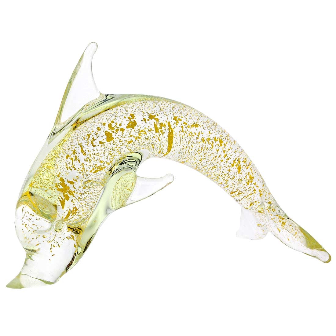 Murano Glass Dolphin - Sparkling Gold: This playful Murano Glass Dolphin was created in a traditional workshop on Murano island using the sought-after gold leaf technique where 24K gold leaf is infused into cristallo glass under high tempe