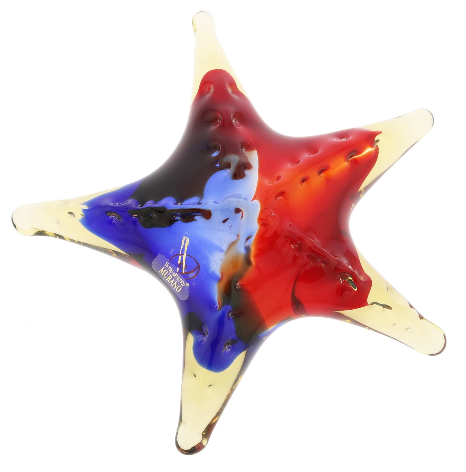Murano Glass Starfish - Red Blue Amber: An intricate dance of vibrant red, blue, and amber colors is captured within this Murano Glass Starfish sculpture, mesmerizing the viewer and conjuring up images of exotic seas. Handmade by uniquely t