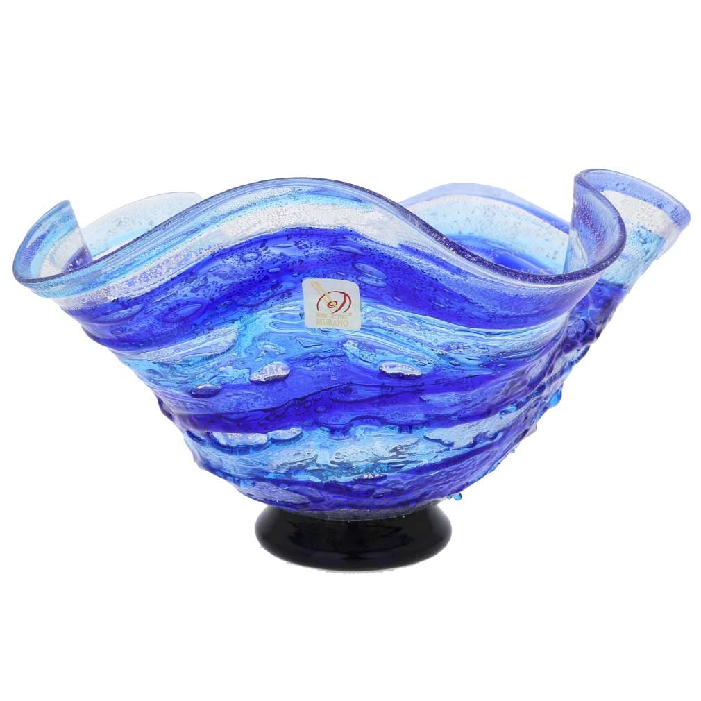 Murano Glass Sbruffo Fazzoletto Bowl - Blue: Stunning, elegant and unique, this Murano Glass Bowl is a great accent to any home decor theme. Handcrafted by top Murano Glass artisans from a small family workshop where complex techniques and secre
