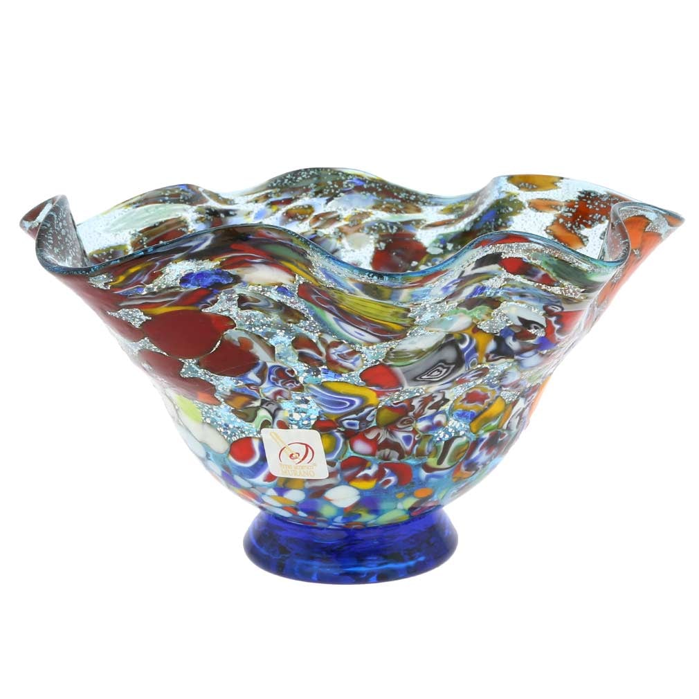 Murano Glass Millefiori Fazzoletto Bowl - Silver Aqua: Looking for a way to brighten up your home decor or table setting? Look no further. This amazing Murano Glass bowl, a creation of famous Murano masters, has the beauty, radiance, and the stunning desi