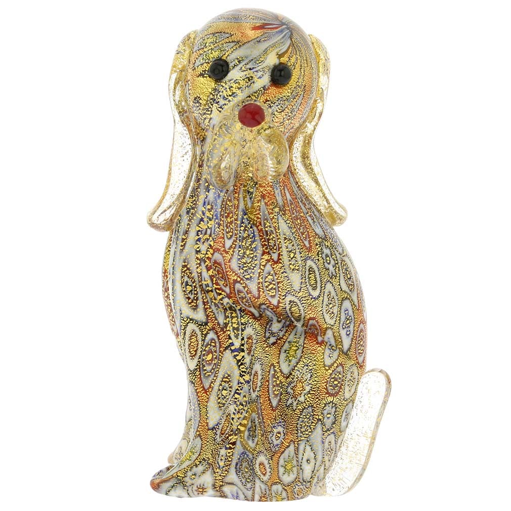 Murano Glass Golden Quilt Millefiori Dog: Our charming Murano Glass Dog was blown by the Island's famous glass masters using a very distinctive ancient Murano technique- Millefiori (a thousand flowers). Blown glass is wrapped into hundreds of