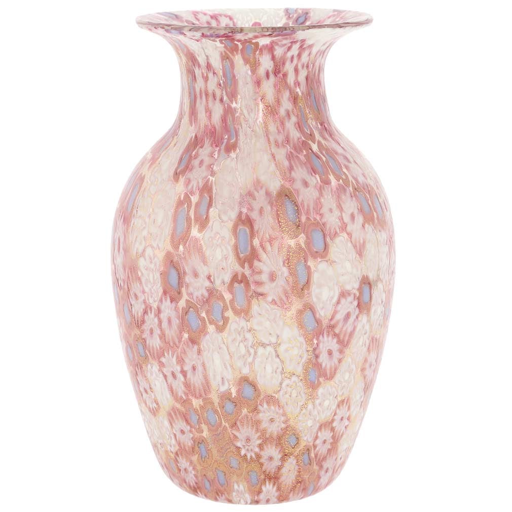 Murano Glass Golden Quilt Millefiori Urn Vase - Pink: Accessorize your house in the opulent Venetian style and prepare to receive many compliments with our uniquely beautiful Murano Glass Millefiori Urn Vase. This Murano Vase is crafted entirely by hand 