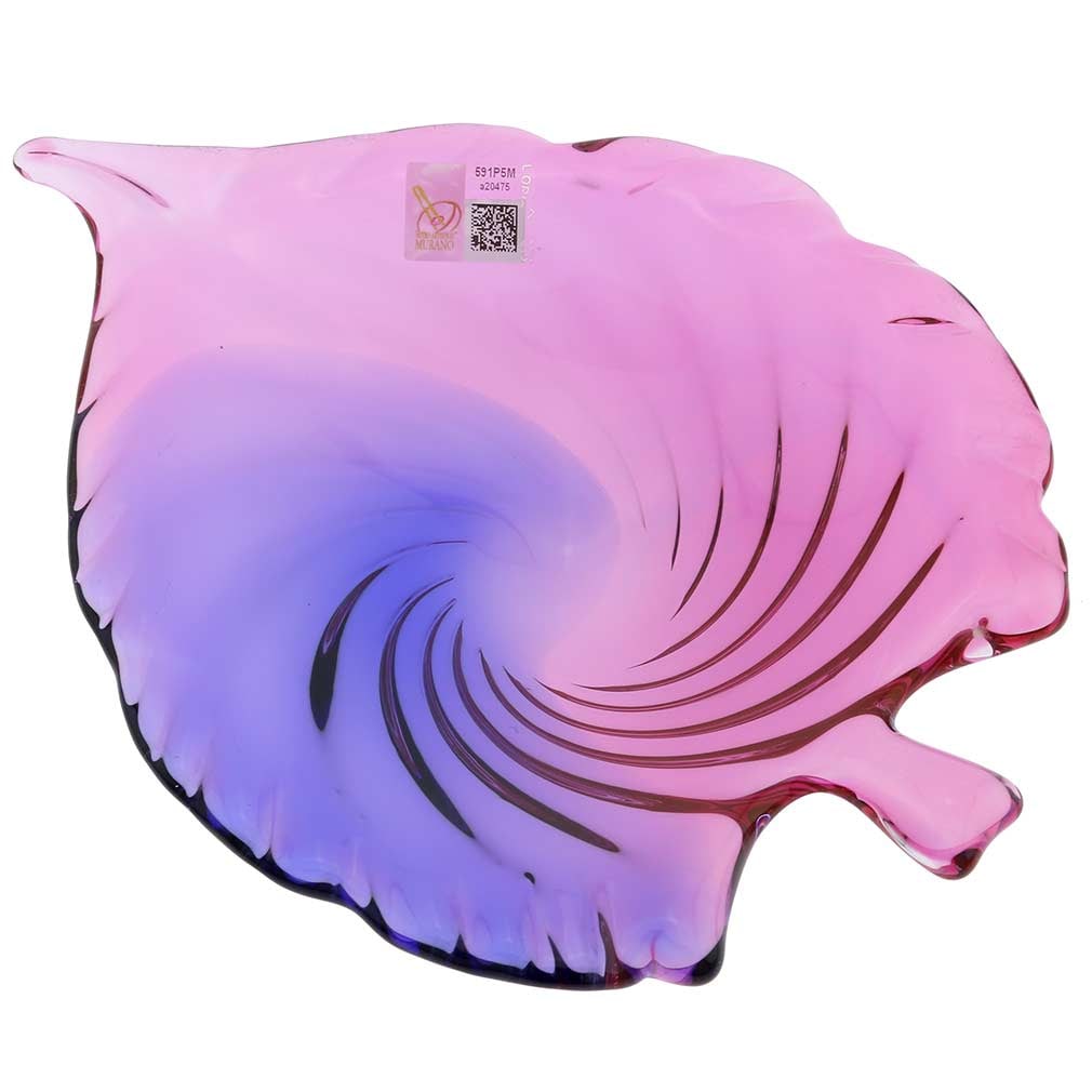 Murano Glass Sommerso Centerpiece Leaf Bowl - Rose and Blue: This breathtaking Murano Glass Decorative Plate is the very essence of the play of light and color that characterizes the art of Venetian glass-making. The plate's artistic look and rare brilliance ar