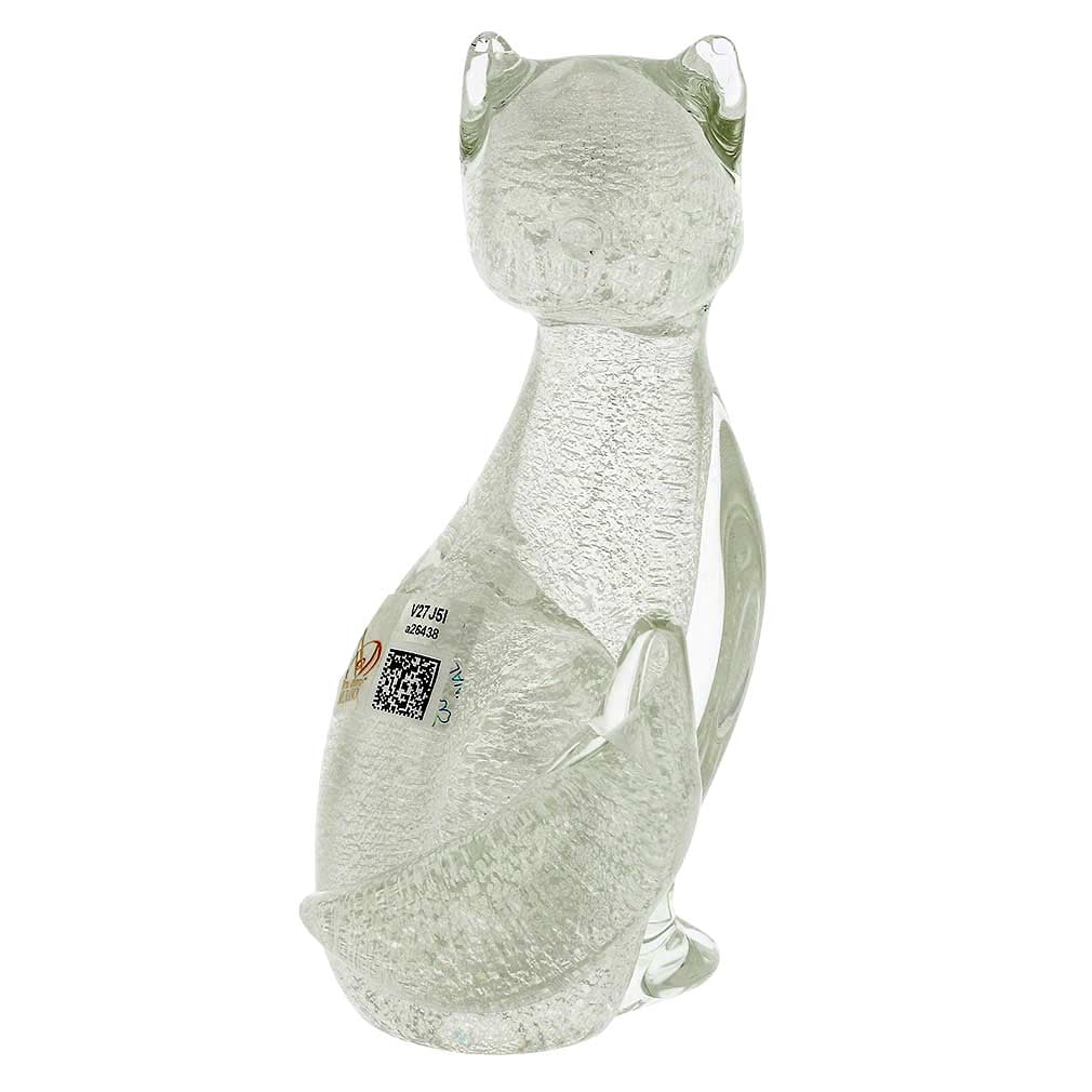 Murano Glass Cat Sculpture - Sparkling Silver: This charming Murano Glass Cat sculpture will instantly add lighthearted elegance to your surroundings. Handcrafted by Murano's top artisans using such ancient techniques as .925 Sterling Silver leaf 