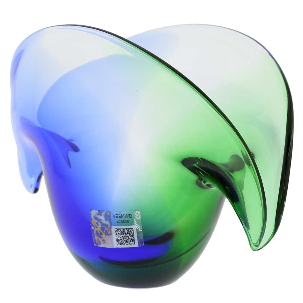 Murano Glass Clam Seashell Bowl - Green and Blue: Emanating mystery of the deep seas and sporting rich luminous colors, this clam-shaped centerpiece represents the unique artistic heritage of Murano Glass. Born in Venice centuries ago from the potent