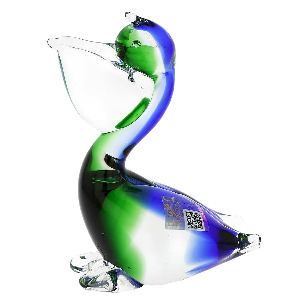 Murano Glass Pelican Bird - Blue and Green: A fine gift and a lovely home accent, this handcrafted pelican showcases the best features of authentic Murano Glass. Gracious form, rich colors that seem to flow inside the glass and create a delicat