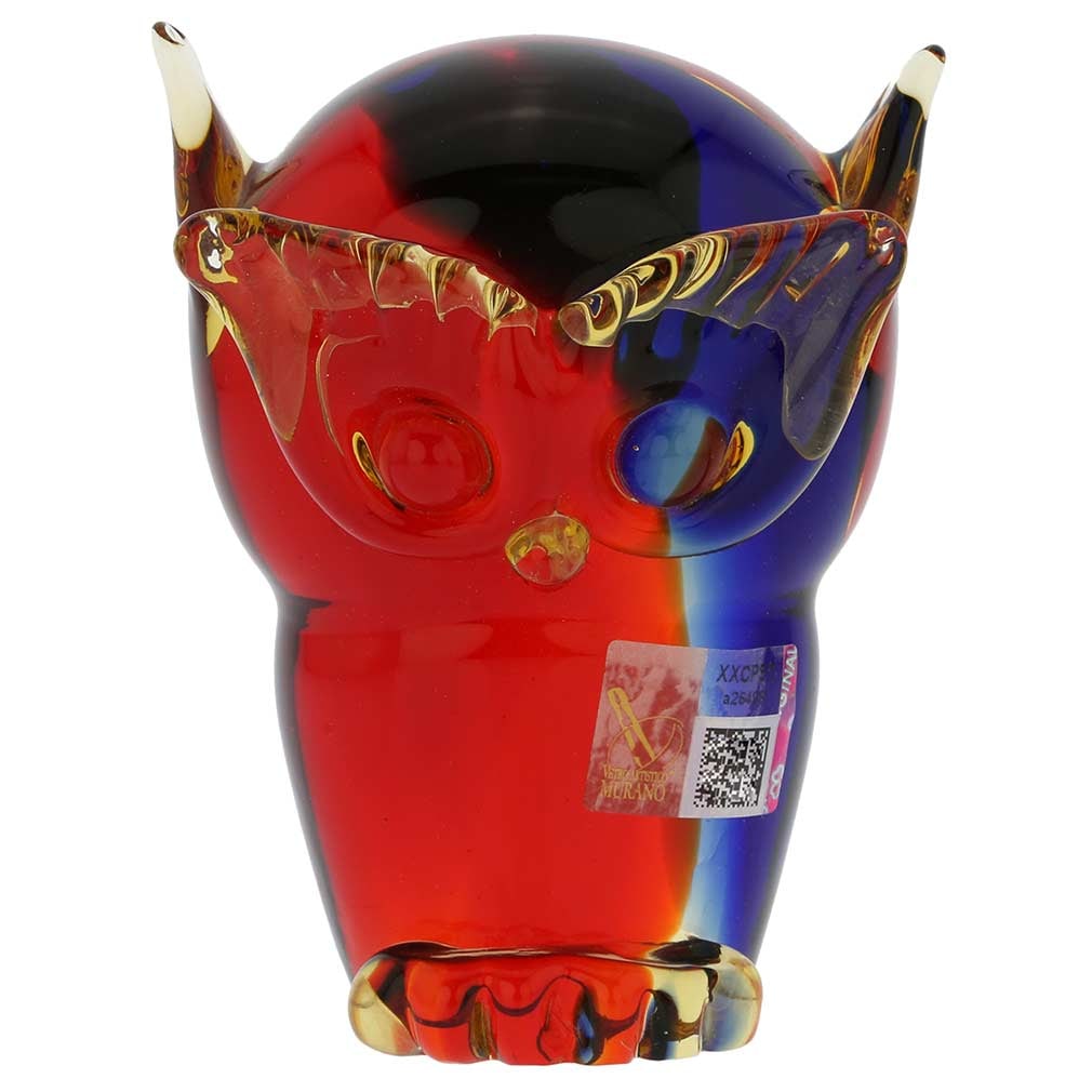 Murano Glass Owl - Red Blue Amber: A symbol of wisdom and femininity, this Murano Glass owl adds a touch of elegance to any home or office. This owl was designed and handcrafted on the Venetian island of Murano in a family workshop, wh