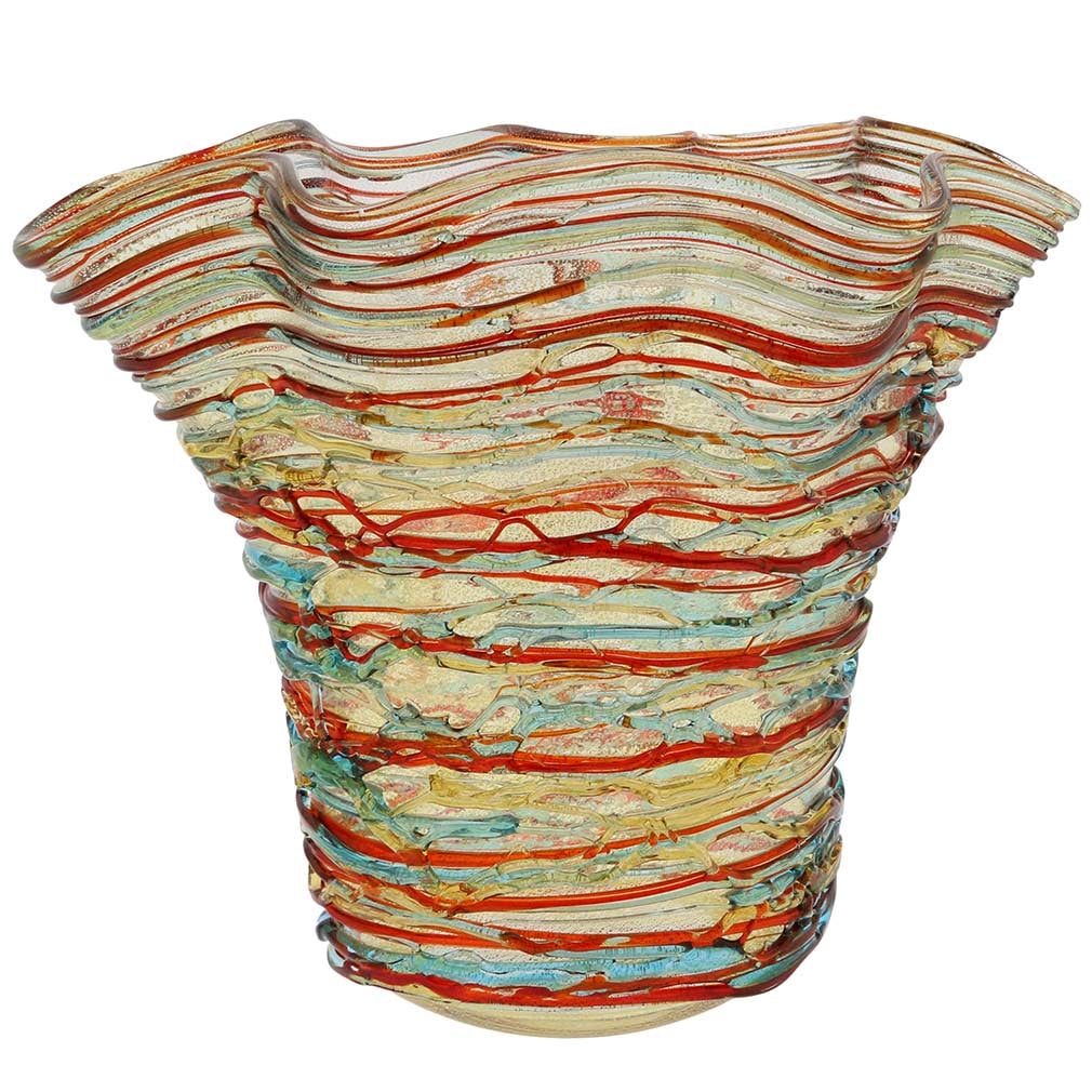 Murano Glass Vesuvio Threaded Wide Wavy Vase: Murano Glass masters are famous around the world for their virtuosity in turning glass into amazing art. Using just a few simple tools and basic furnaces in the tradition that goes centuries back, Mur