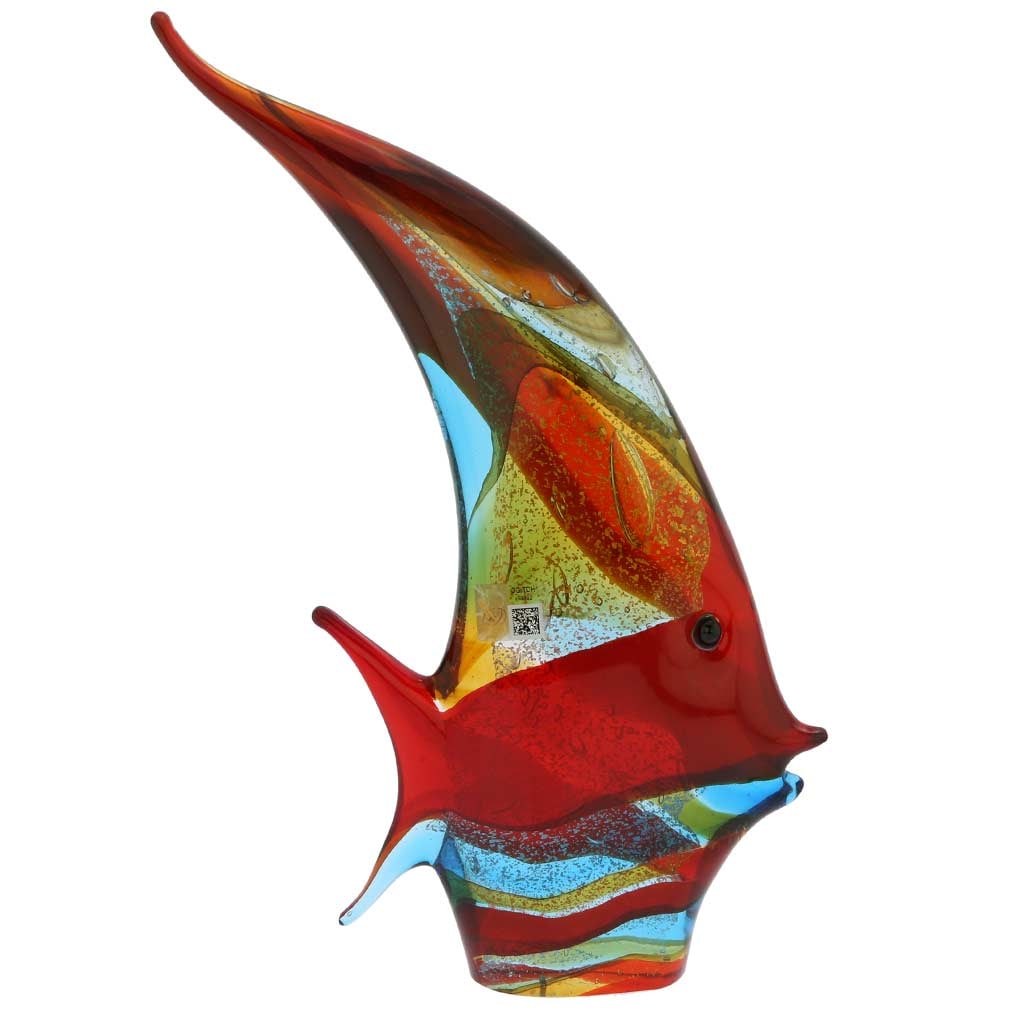 Murano Glass Angel Fish Sculpture - Multicolor: This beautifully handcrafted Murano Glass Angel Fish seems to have just come out of the shimmering waters of Venetian Lagoon. Featuring nature-inspired colors in shades of green, red, and aquamarine w