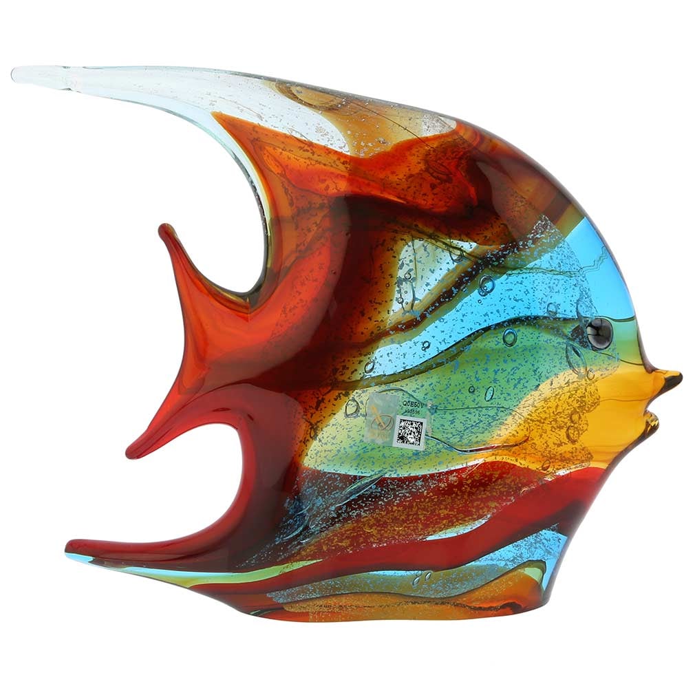 Murano Glass Wide Angel Fish Sculpture - Multicolor: This beautifully handcrafted Murano Glass Wide Angel Fish seems to have just come out of the shimmering waters of Venetian Lagoon. Featuring nature-inspired colors in shades of green, red, and aquamar