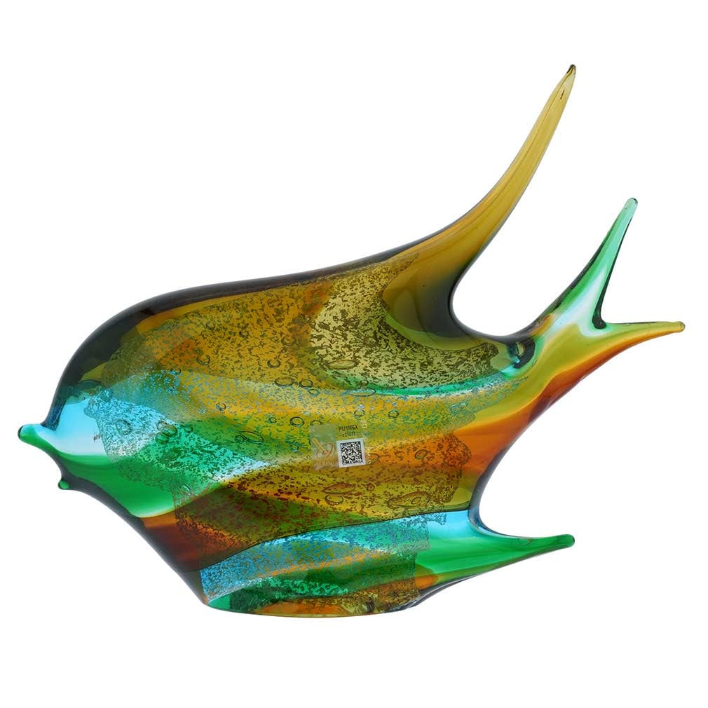 Murano Glass Wide Angel Fish Sculpture - Green Blue Golden Brown: This beautifully handcrafted Murano Glass Wide Angel Fish seems to have just come out of the shimmering waters of Venetian Lagoon. Featuring nature-inspired colors in shades of green, blue, and amber 