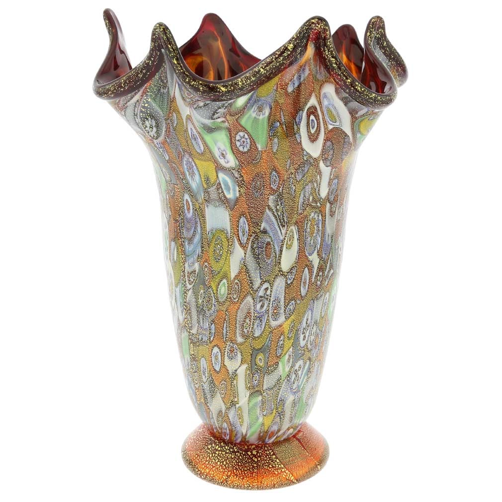 Murano Glass Millefiori Gold Fazzoletto Vase - Red: This magnificent blown Murano glass vase features rich colors with extraordinary depth and radiance and presents a fine example of the most famous and distinctive ancient Murano technique- Millefiori 
