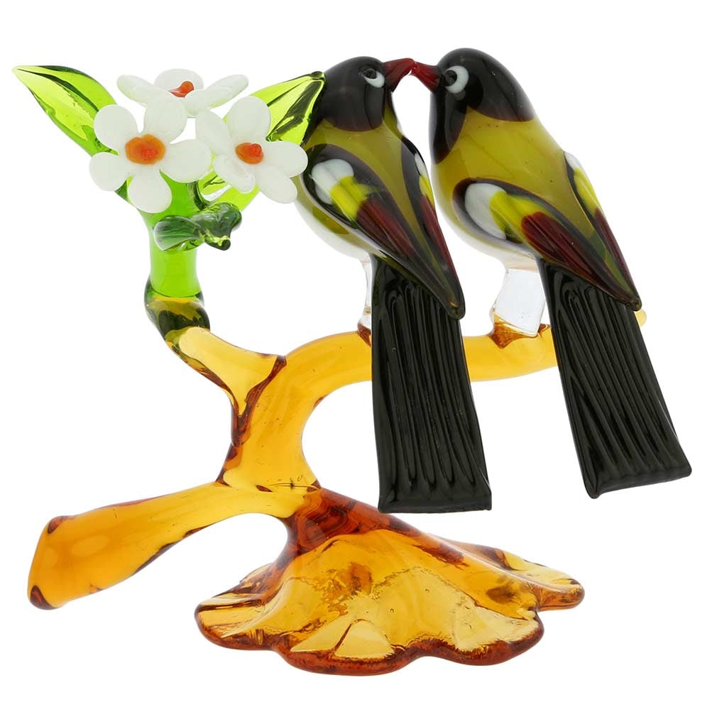 Murano Glass Birds on a Low Branch - Mustard Yellow: Imagine yourself in an enchanted Venetian garden with birds singing and flowers blooming, steps away from the Grand Canal where beauty of nature competes with the best of man-made creations. Just one 