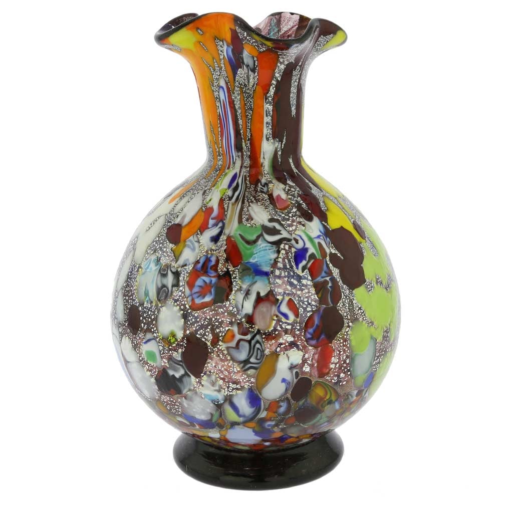 Murano Glass Millefiori Vase - Silver Purple: This magnificent blown Murano glass vase features rich colors with extraordinary depth and radiance and presents a fine example of the most famous and distinctive ancient Murano technique - Millefiori