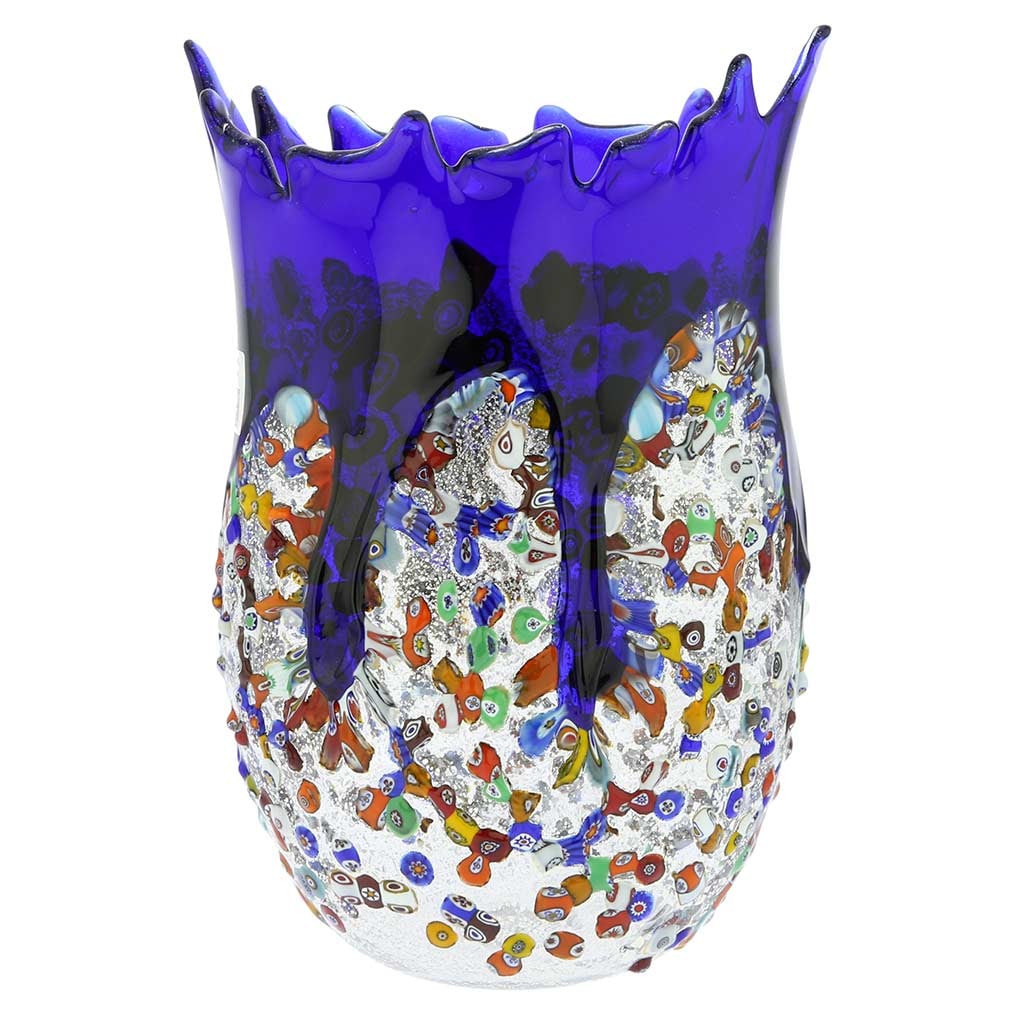 Murano Glass Millefiori Art Glass Spiky Vase - Blue: This magnificent blown Murano Glass vase features artistic design, deep colors, and exquisite detail - the key characteristics of the best works of Murano Glass masters. Glistening Millefiori mosaics 