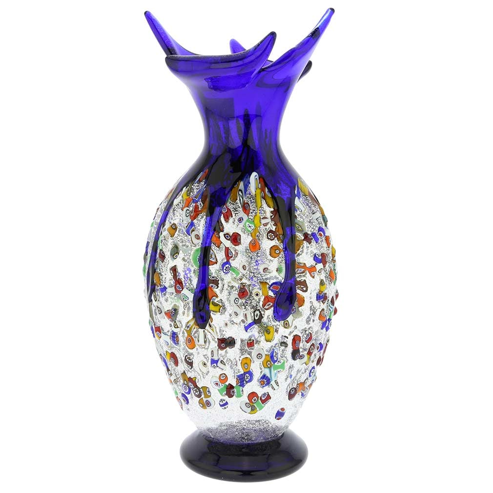 Murano Glass Millefiori Art Glass Spiky Amphora Vase - Blue: This stunning blown Murano Glass vase features unique design, deep colors, and exquisite detail - the key characteristics of the famous works of Murano Glass masters. Radiant Millefiori mosaics in a r