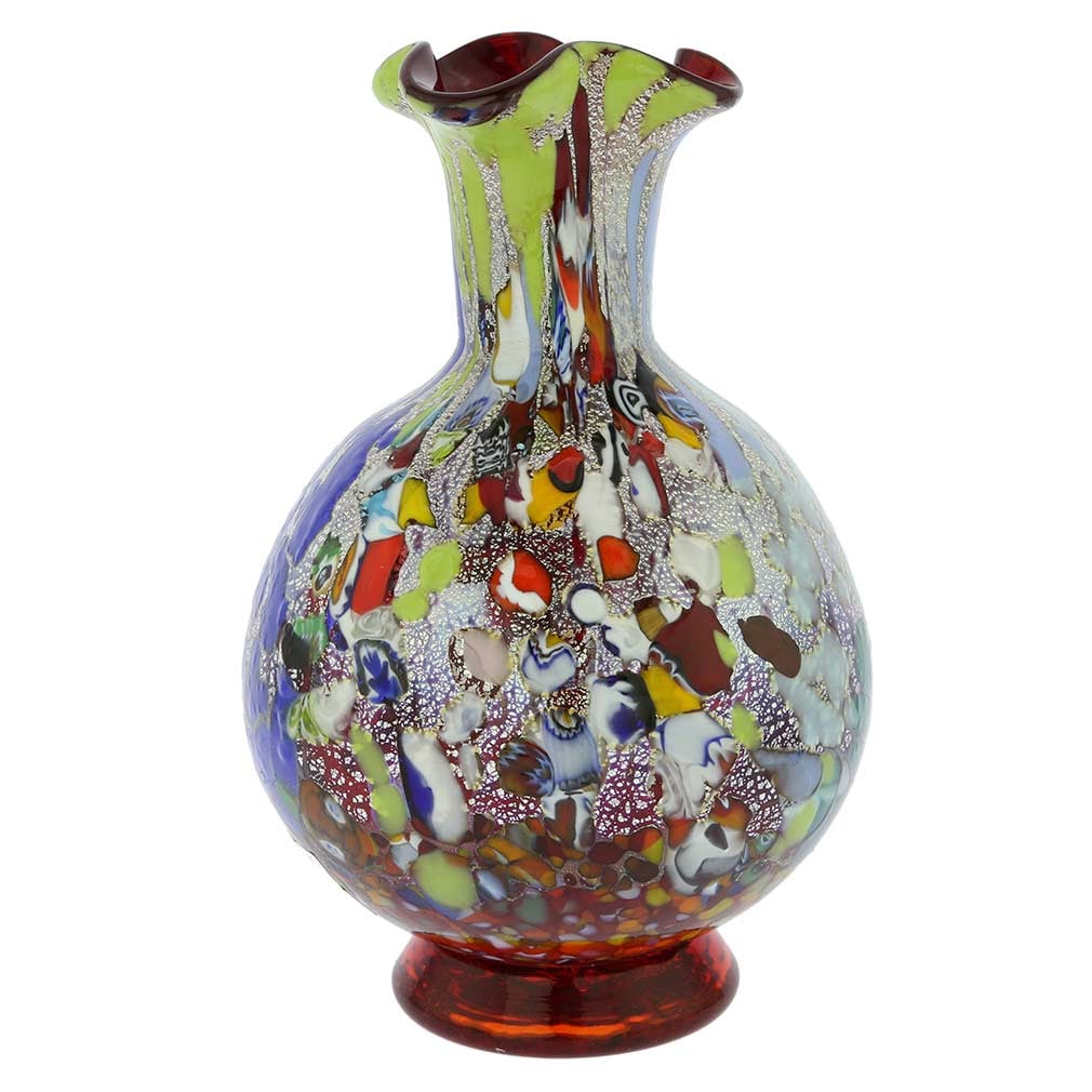 Murano Glass Millefiori Vase - Silver Red: This magnificent blown Murano glass vase features rich colors with extraordinary depth and radiance and presents a fine example of the most famous and distinctive ancient Murano technique - Millefiori