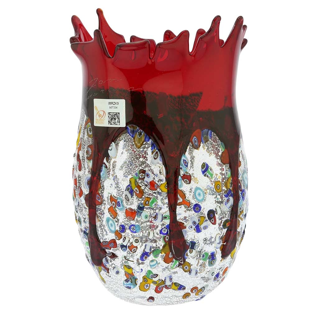 Murano Glass Millefiori Art Glass Spiky Vase - Red: This magnificent blown Murano Glass vase features artistic design, deep colors, and exquisite detail - the key characteristics of the best works of Murano Glass masters. Glistening Millefiori mosaics 