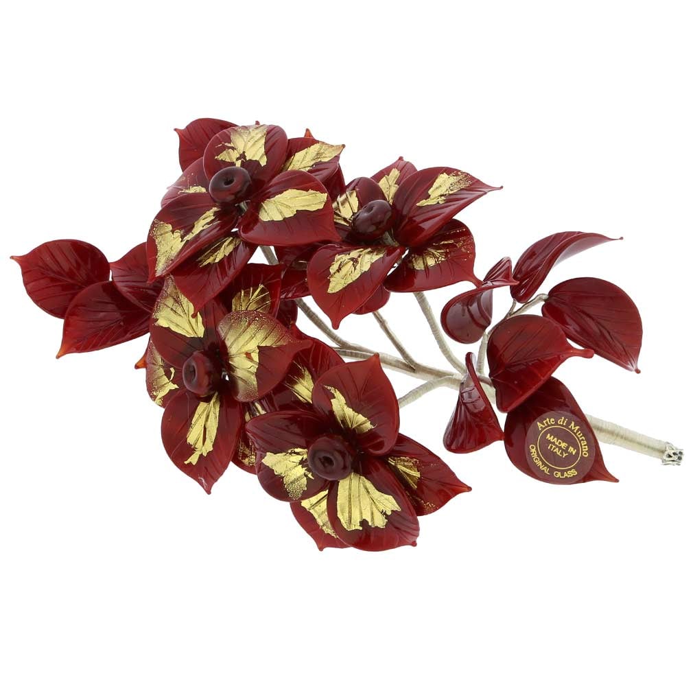 Murano Glass Red Flowers On A Stem: A beautiful flower that brings on special cheer during Christmas and winter holidays, this finely crafted Poinsettia is a wonderful expression of Murano Glass masters' creativity and skill. Every tend