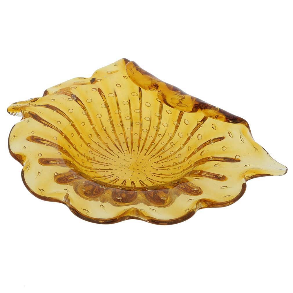 Murano Glass Bullicante Leaf Bowl - Golden Brown: The beauty of nature meets the finesse of Murano Glass craftsmanship in this gorgeous centerpiece Bowl handcrafted by supremely talented glass artisans on Murano island. Its artistic look is achieved 