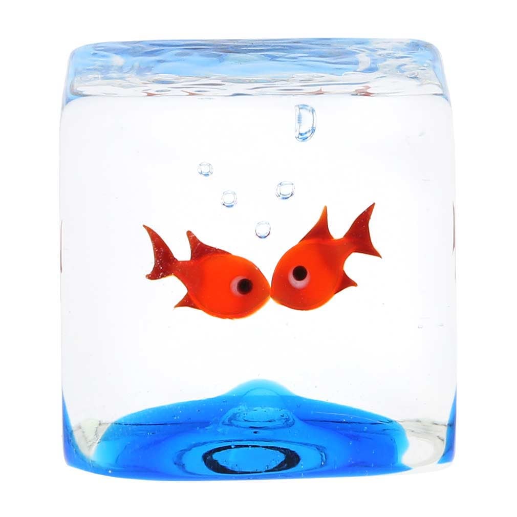 Murano Glass Aquarium Cube With Goldfish: If you love the beauty of tropical fish frolicking in crystal-clear water, then this exquisite Murano Glass Aquarium Cube is made for you! With two beautiful and very realistic goldfish captured insid