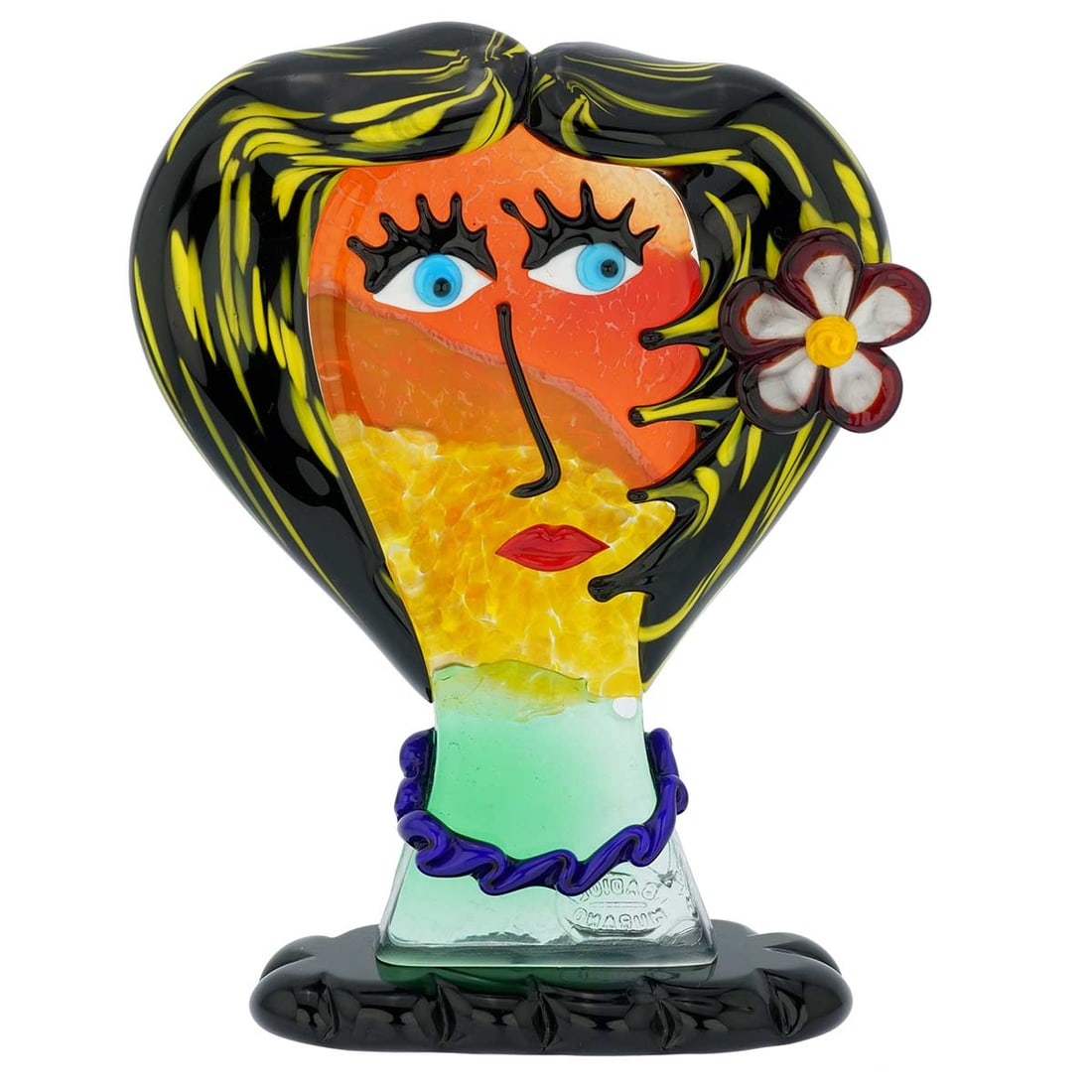 Murano Glass Picasso Head Of A Woman With Flower: Murano Glass art is best represented in avant-garde pieces, such as this Picasso Head sculpture. In a tribute to Pablo Picasso, the greatest and most nonconformist artist of the 20th century, the